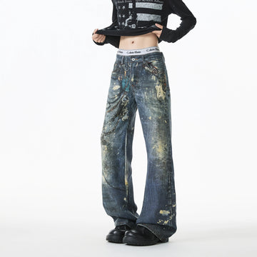 Riolio Jean Men Unique Design Graffiti Street Style Drag Jeans Urban Trendy Fashion Distressed Long Fit Casual Denim Pants Edgy Hip Hop